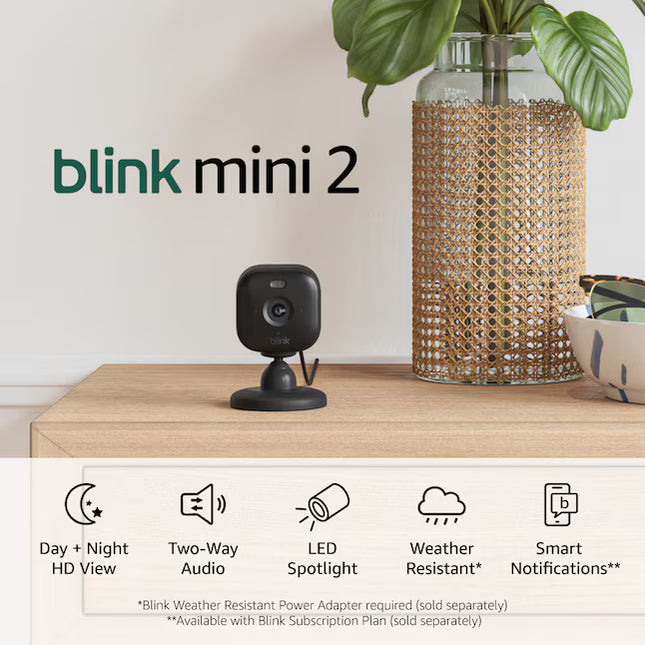Blink Mini 2 - Plug-in Smart Security Camera with HD Night View in Color, Built-in Spotlight, Two-way Audio and Motion Detection, Works with Alexa - Black