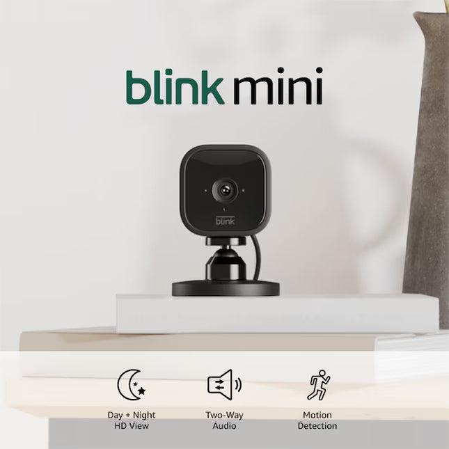 Blink Mini – Compact Indoor Plug-in Smart Security Camera, 1080p HD Video, Night Vision, Motion Detection, Two-way Audio, Easy Set Up, Works with Alexa – Black