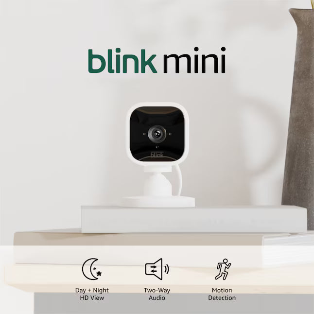 Blink Mini – Compact Indoor Plug-in Smart Security Camera, 1080p HD Video, Night Vision, Motion Detection, Two-way Audio, Easy Set Up, Works with Alexa – White