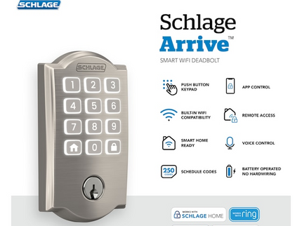 Schlage Arrive Camelot Satin Nickel Smart Wi-Fi and Bluetooth Keypad Electronic Deadbolt Lock