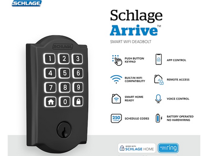 Schlage Arrive Camelot Matte Black Electronic Deadbolt and Greenwich Handleset Bundle