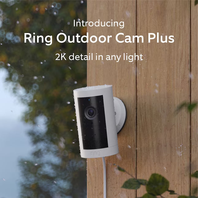 Ring Outdoor Cam Plus, Plug-In with 2K Video and Ring Vision, Low-Light Sight, and Mount-Anywhere Versatility (White)