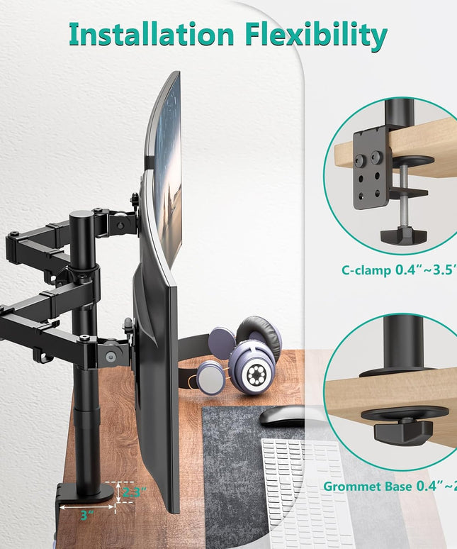 WALI Dual Monitor Stand – Desk Mount for 13–27" Screens, Holds up to 22 lbs per Arm, Height Adjustable, Swivel/Tilt/Rotation, VESA 75x75/100x100 – Black (M002)