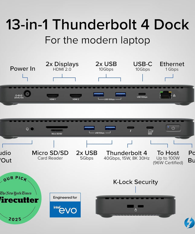 Plugable Thunderbolt 4 Dock with 100W Charging, Thunderbolt Certified, Laptop Docking Station Dual Monitor Single 8K or Dual 4K HDMI for Windows and Mac, 4X USB, Gigabit Ethernet (TBT4-UD5)