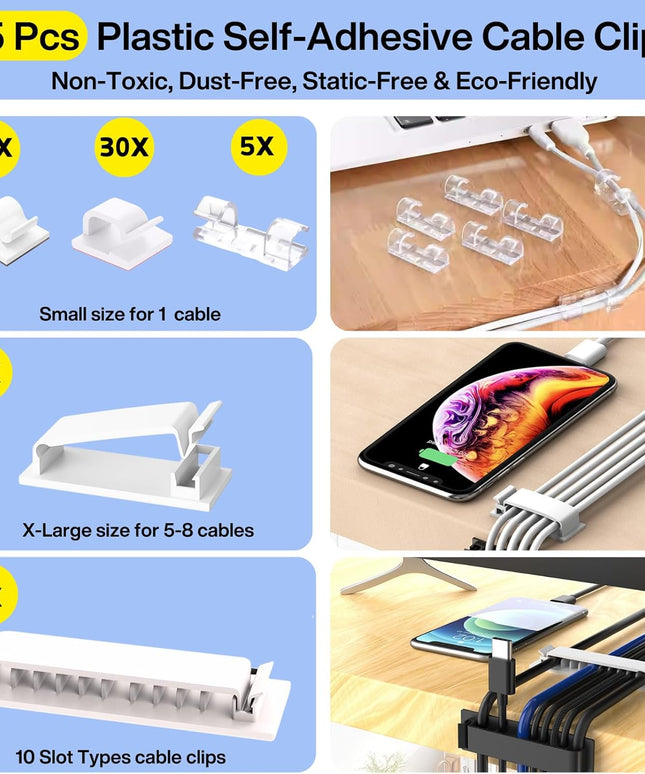 [313Pcs] Cable Management Kit, 67 Adhesive Cable Clips, Topavatop Desk Cord Organizer, 22 Reusable Cable Strap, 4 Cable Sleeve Split, 200 Nylon Cable Zip Ties with 20 Mounts for TV Office Home, White