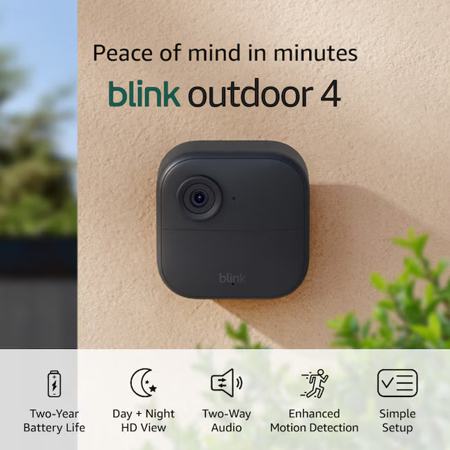 Blink Outdoor 4 - Wireless smart security camera, two-year battery life, 1080p HD day and infrared night live view, two-way talk, Sync Module Core included - 1 camera system