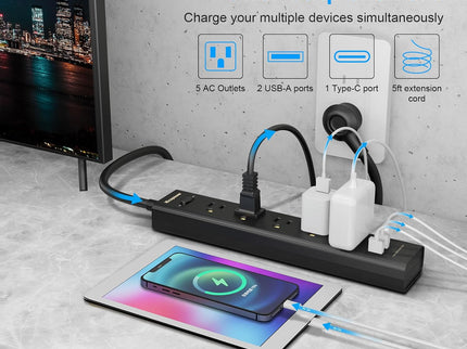 2 Pack Power Strip Surge Protector-5 Widely Spaced Outlets 3 USB Port