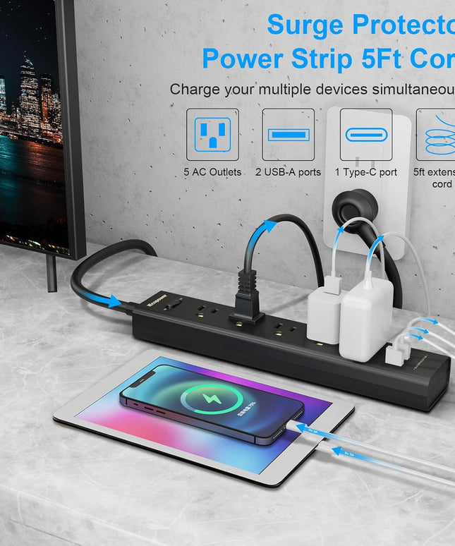 2 Pack Power Strip Surge Protector-5 Widely Spaced Outlets 3 USB Port