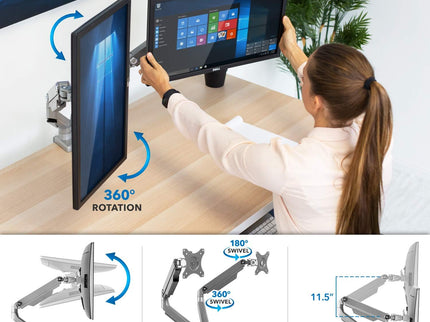 Mount-It! Dual Monitor Arm Desk Stand – Articulating Mechanical Spring, Height Adjustable, Fits 24–32" VESA 75/100 Screens, C-Clamp & Grommet, 2 x USB 3.0 Ports