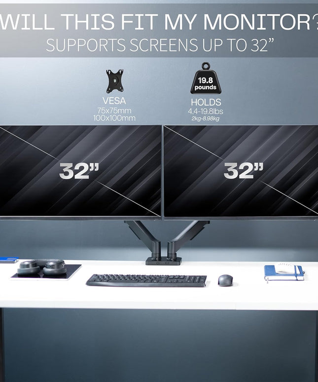 VIVO Dual Monitor Desk Mount – Pneumatic Arm, Fits up to 32" Screens (19.8 lbs per Arm), Articulating Counterbalance, VESA – STAND-V002O