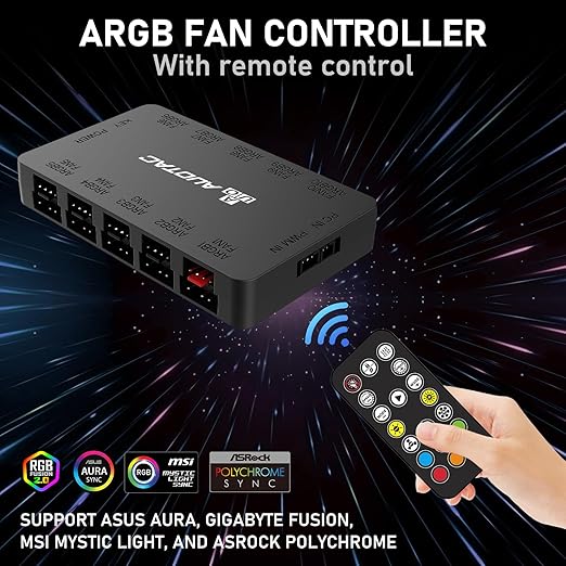 ARGB/PWM Fan Hub with RF Remote – 10 Fans, Dual SATA, Magnetic (Black)
