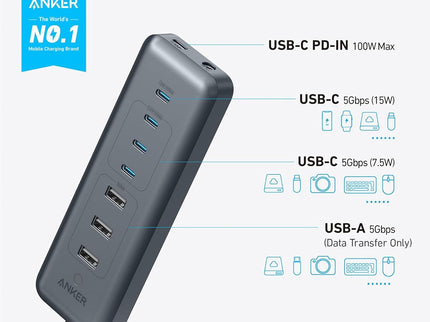 Anker USB C Hub, 8-in-1 5Gbps Data Hub, USB Splitter with 3 USBA and 4 USBC Ports, 100W PD-in, 2-in-1 USB-Connector, for Laptop, MacBook, iPad and More (45W Adapter Included)