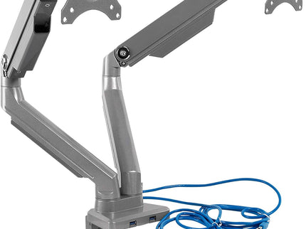 Mount-It! Dual Monitor Arm Desk Stand – Articulating Mechanical Spring, Height Adjustable, Fits 24–32" VESA 75/100 Screens, C-Clamp & Grommet, 2 x USB 3.0 Ports