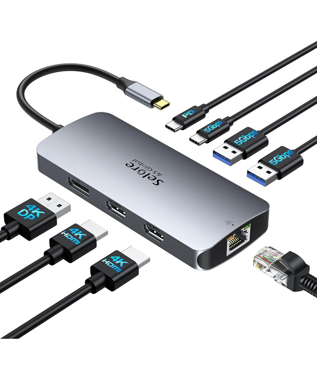 USB C Docking Station Dual Monitor, Selore Docking Station 3 Monitors Triple 4K Display with 2 HDMI, DisplayPort, 1 Gbps Ethernet, 100W PD Charging, USB 3.0 Ports Adapter for Dell, HP, Lenovo,etc