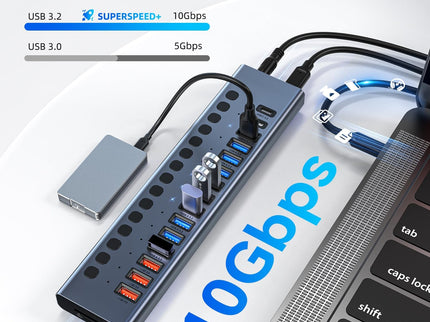 Powered USB Hub 10Gbps, 17 Ports 96W USB 3.2 Hub