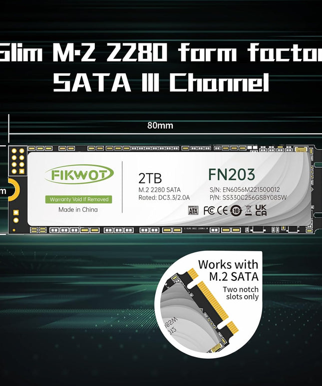 FN203 M.2 SATA SSD - SLC Cache 3D NAND TLC SATA III 6Gb/s M.2 2280 NGFF Internal Solid State Drive, Up to 550MB/s, Compatible with Ultrabooks, Tablet Computers and Mini PCs (2TB)
