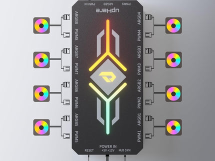 upHere PWM & 5V ARGB Magnetic Fan Hub – 1-9 Port, Remote Control, SATA Powered, Black