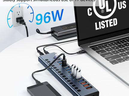 Powered USB Hub 10Gbps, 17 Ports 96W USB 3.2 Hub