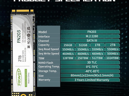FN203 M.2 SATA SSD - SLC Cache 3D NAND TLC SATA III 6Gb/s M.2 2280 NGFF Internal Solid State Drive, Up to 550MB/s, Compatible with Ultrabooks, Tablet Computers and Mini PCs (2TB)