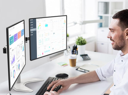 WALI Dual Monitor Desk Stand – Free-Standing, Fits 2 Monitors up to 27", 22 lbs per Arm, Fully Adjustable, VESA 100x100mm – White (MF002-W)