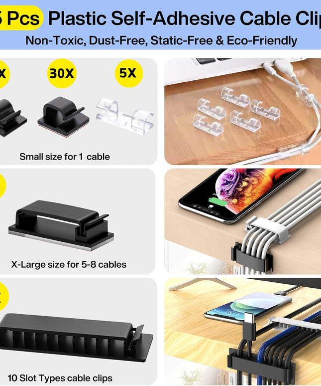 [313Pcs] Cable Management Kit, 67 Adhesive Cable Clips, Topavatop Desk Cord Organizer, 22 Reusable Cable Strap, 4 Cable Sleeve Split, 200 Nylon Cable Zip Ties with 20 Mounts for TV Office Home, Black