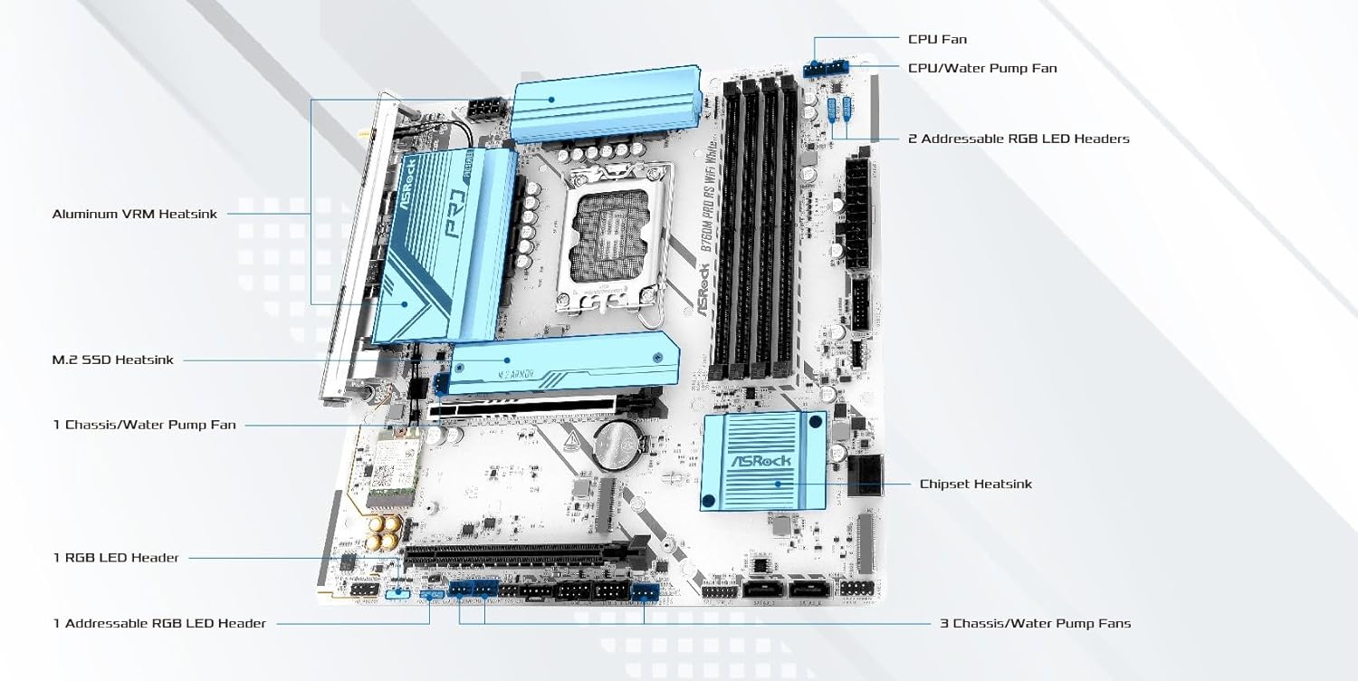 Asrock B760M Pro RS WiFi White Intel Micro ATX Motherboard DDR5 DIMM 7200 MHz 256 GB LGA1700 SATA3 6.0 Gb/s LED M.2
