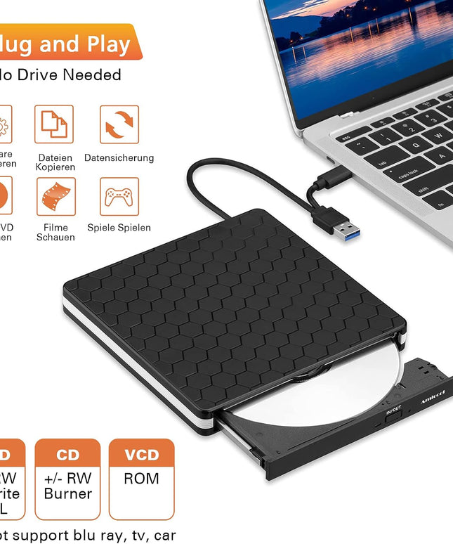 External DVD Drive, Amicool USB 3.0 Type-C CD DVD +/-RW Optical Drive USB C Burner Slim CD/DVD ROM Rewriter Writer Reader Portable for PC Laptop Desktop MacBook Mac Windows 7/8.1/10 Linux OS Apple