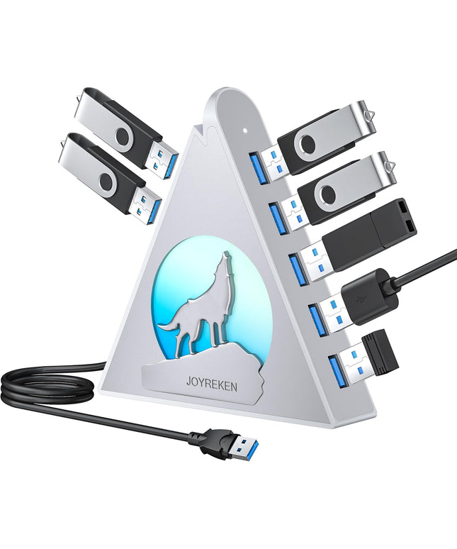 7 Port USB Hub, JoyReken USB 3.0 Hub with 2 FT Long Cable, Vertical USB Extension Hub for Laptop, MacBook,Xbox,PS4/5, Flash Drive, XPS, PC, Flash Drive, Game Console, Printer, Keyborad, Mouse (Silver)