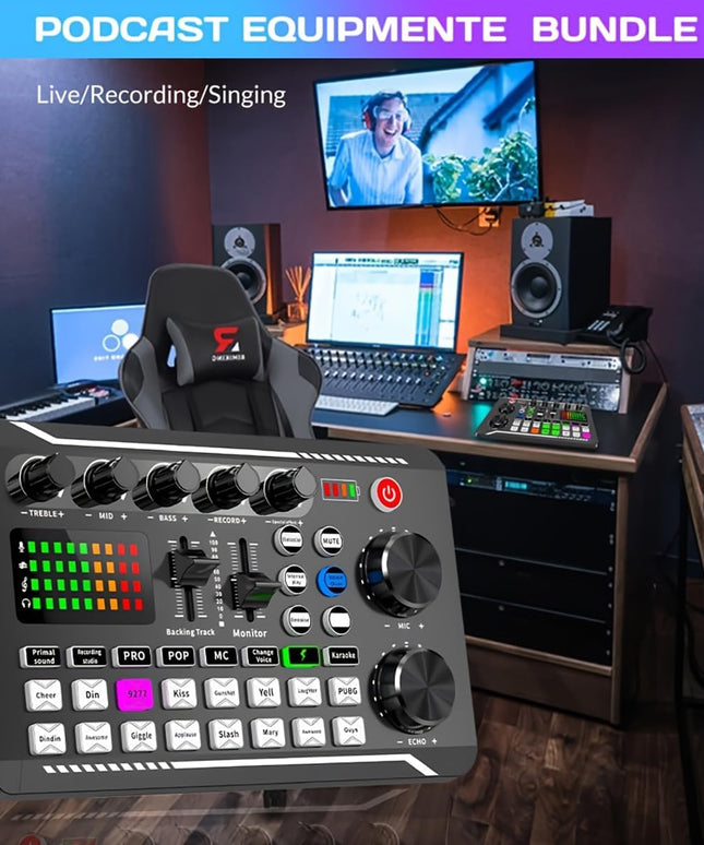 F998 Live Sound Card Audio Mixer with DJ Mixer Effects & Voice Changer - 16 Sound Effects, Bluetooth-Compatible Soundboard for Streaming/Podcasting/Gaming, Phone, Computer, PC