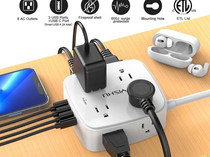 6 Ft Surge Protector Power Strip - 8 Widely Outlets with 4 USB Ports