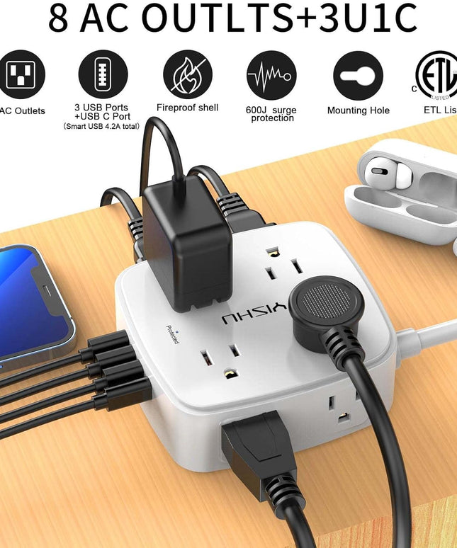6 Ft Surge Protector Power Strip - 8 Widely Outlets with 4 USB Ports
