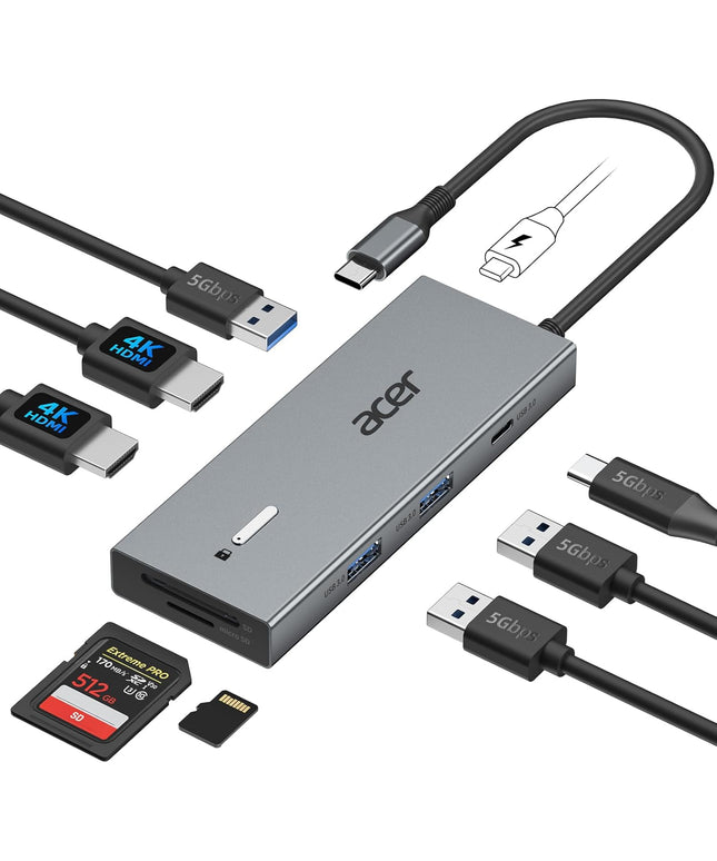 Acer USB C Docking Station Dual Monitor with 2 HDMI, 9-in-1 Laptop Docking Station with 4K@60Hz HDMI, USB A&C 3.0, SD/Micro SD, 100W PD, USB C Dock Compatible with Acer/Dell XPS/HP/Mac/Surface etc