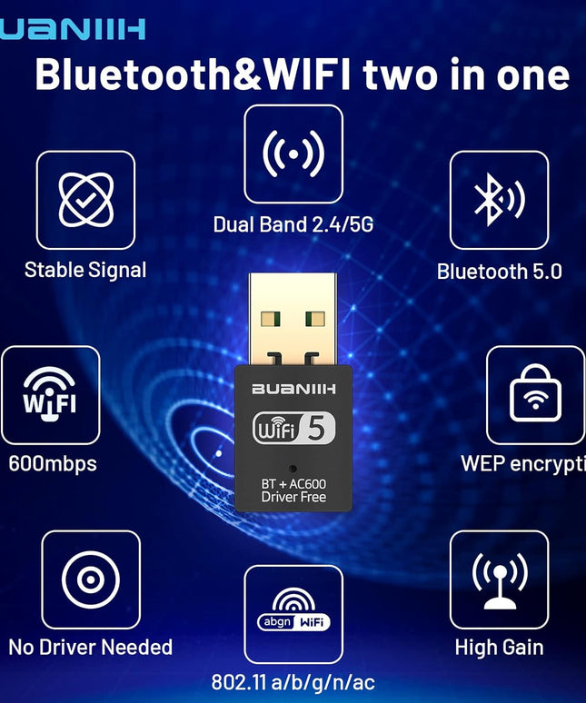 WiFi Adapter for Desktop PC,USB WiFi Adapter,Bluetooth&WiFi 2-in-1,600Mbps 2.4/5.8Ghz Dual Band Wireless Network,Plug and Play, for PC/Laptop/Desktop,Support Win7/8/8.1/10/11
