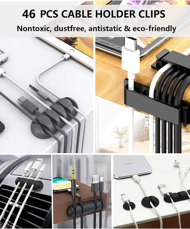 N NOROCME 192 PCS Cable Management Kit 4 Wire Organizer Sleeve,11 Cable Holder,35Cord Clips 10+2 Roll Cable Organizer Straps and 100 Fastening Cable Ties for Computer TV Under Desk, black,clear