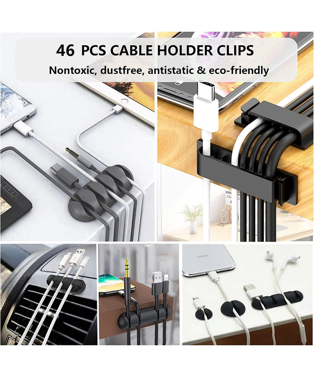 Cord Management Organizer Kit 4 Cable Sleeve split with 41Self Adhesive Cable Clips Holder, 10pcs and 2 Roll Self Adhesive tie and 100 Fastening Cable Ties for TV Office Car Desk Home