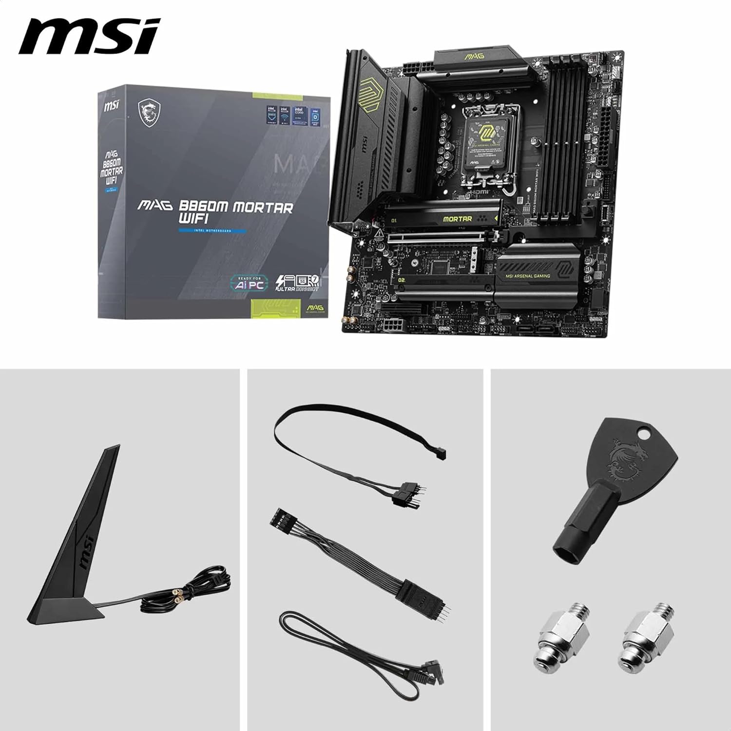 MAG B860M Mortar WiFi Motherboard, mATX - Supports Intel Core Ultra Processors (Series 2), LGA 1851 - DDR5 Memory Boost 9200+ MT/s OC, 1 x PCIe 5.0 x16, 1 x M.2 Gen5, 5G LAN, Wi-Fi 7