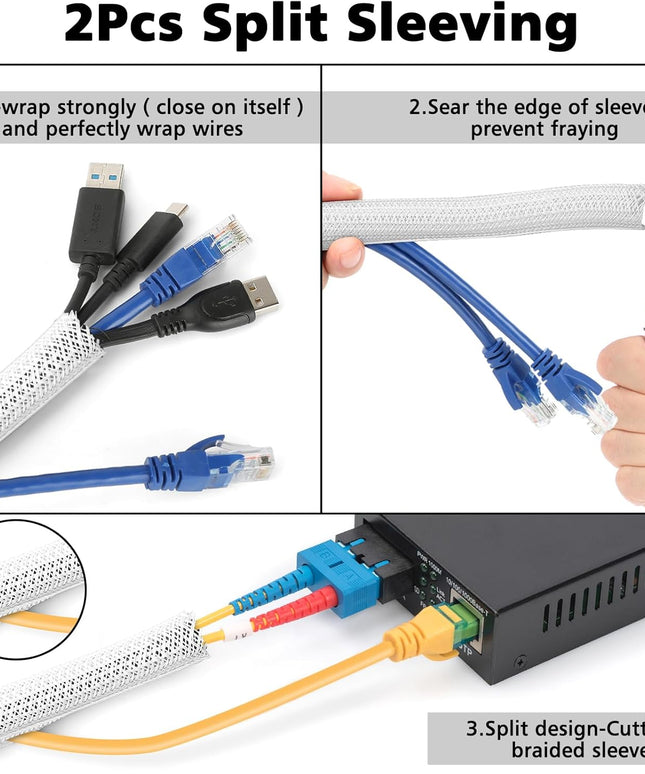 White Cable Management Organizer Kit, 2 Wire Sleeve Protector, 41 Self Adhesive Cable Clips Holder, 10pcs+2 Roll Reusable Cable Ties and 100 Cable Zip Ties for TV Computer Cord Tidy Under Desk