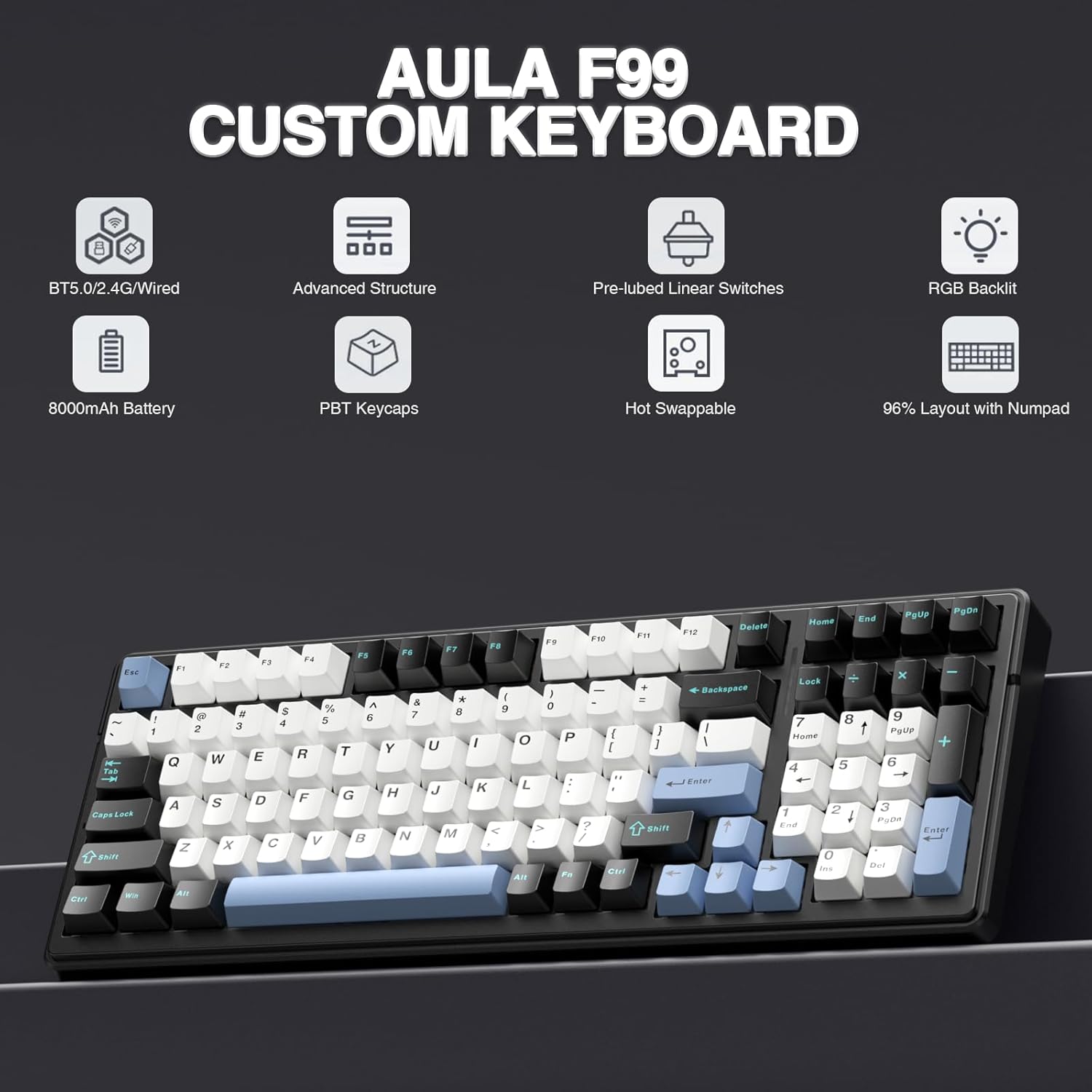 AULA F99 Wireless Mechanical Keyboard – Tri-Mode BT5.0/2.4GHz/USB-C, Pre-Lubed Linear, RGB Backlit