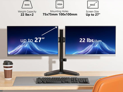 WALI Dual Monitor Desk Stand – Fits 2 Monitors up to 27", Max 22 lbs per Arm, Full-Motion, Free-Standing – Black (MF002)