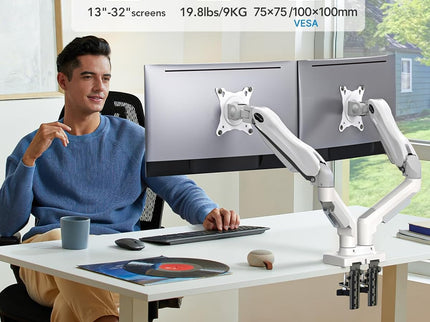 HUANUO Dual Monitor Stand – Adjustable Desk Mount with C-Clamp & Grommet Base, Fits 13–32" Screens, 4.4–19.8 lbs per Arm – White