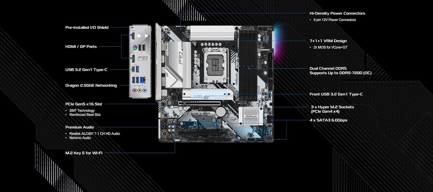 ASRock B760M Pro RS Motherboard DDR5 7200MHz HDMI DisplayPort eDP PCIe Gen5 (Graphics) 14th 13th 12th Gen Intel Core Processors LGA1700 192GB