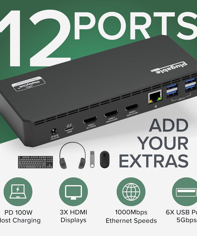 Plugable USB C Triple Display Docking Station with Laptop Charging, f