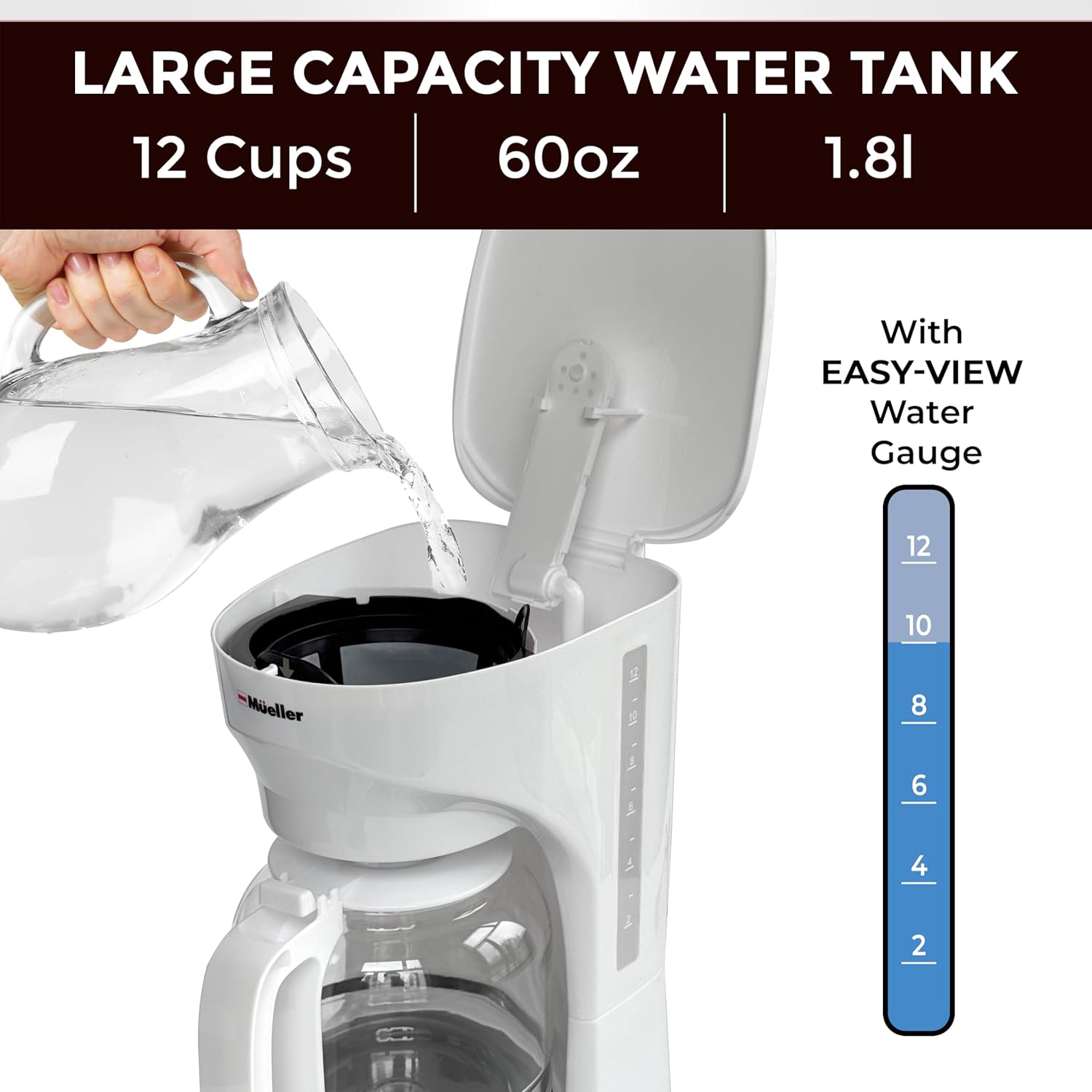 MÜELLERHOME 12-Cup White Coffee Maker - Borosilicate Carafe
