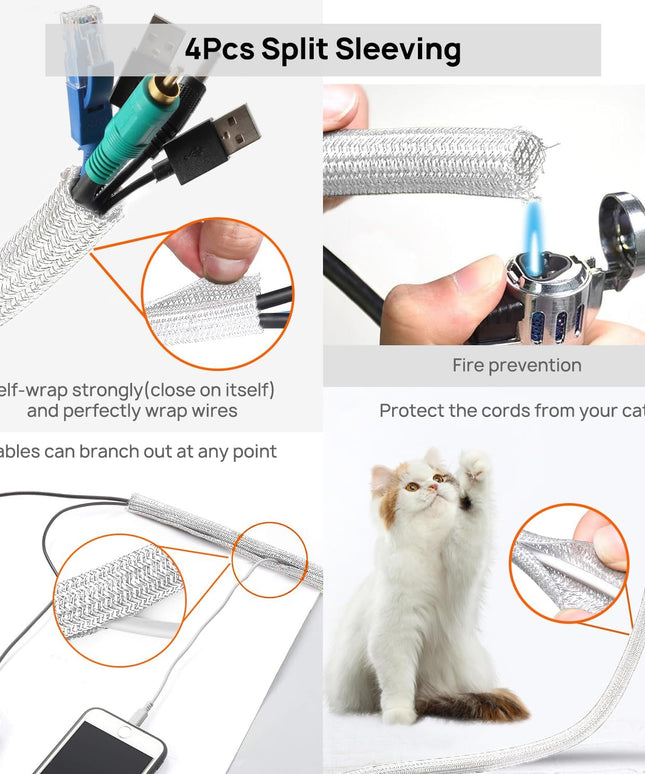 193 PCS Cable Management Kit - 4 Cable Sleeve, 57 Self Adhesive Cable Clips, 12 Hanging Strips, 12 Cable Organizer Straps and 100 Fastening Cable Ties for TV Computer Under Desk (White)