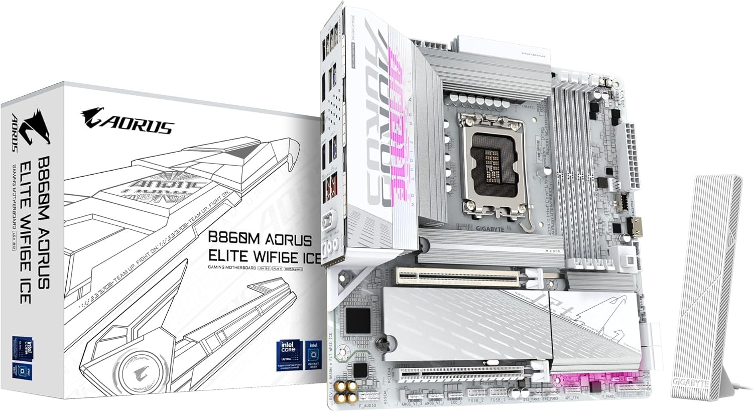 GIGABYTE B860M AORUS Elite WIFI6E ICE Intel Core Ultra (Series 2) LGA 1851 Motherboard, mATX, DDR5, 3X M.2, PCIe 5.0, USB-C, WIFI6E, 2.5GbE LAN, EZ-Latch