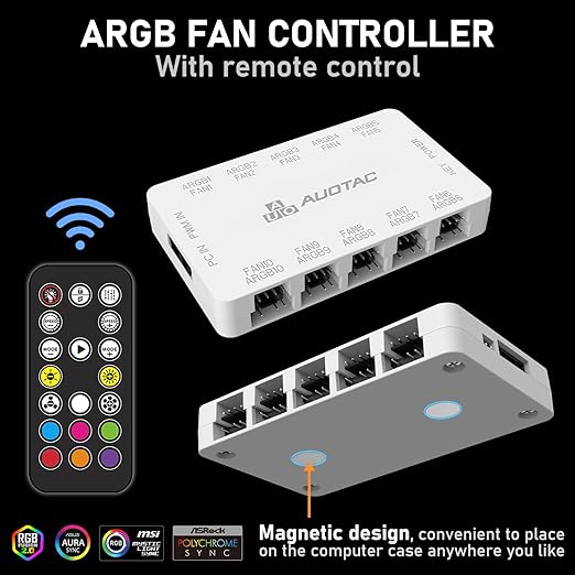 ARGB Controller & PWM Fan Hub with RF Remote – Supports 10 Fans, 5V ARGB & 12V PWM, Dual SATA, White