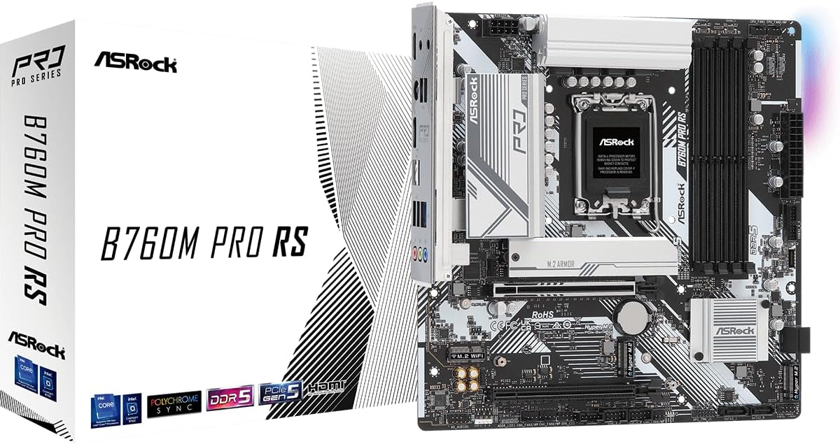 ASRock B760M Pro RS Motherboard DDR5 7200MHz HDMI DisplayPort eDP PCIe Gen5 (Graphics) 14th 13th 12th Gen Intel Core Processors LGA1700 192GB