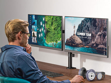 WALI Dual Monitor Stand – Desk Mount for 13–27" Screens, Holds up to 22 lbs per Arm, Height Adjustable, Swivel/Tilt/Rotation, VESA 75x75/100x100 – Black (M002)