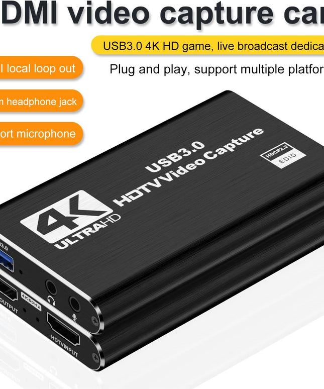4K Capture Card for Streaming, Recording & Gaming – HDMI Video Capture Device with USB 3.0, 1080p 60fps, Zero Latency for PS5, Xbox, Switch, OBS, PC, Mac – Plug & Play, No Driver Needed