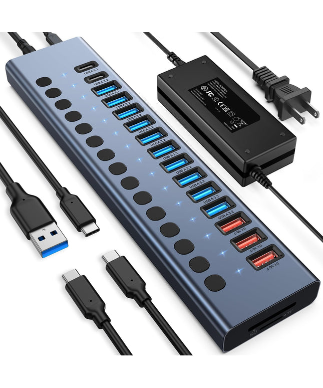 Powered USB Hub 10Gbps, 17 Ports 96W USB 3.2 Hub